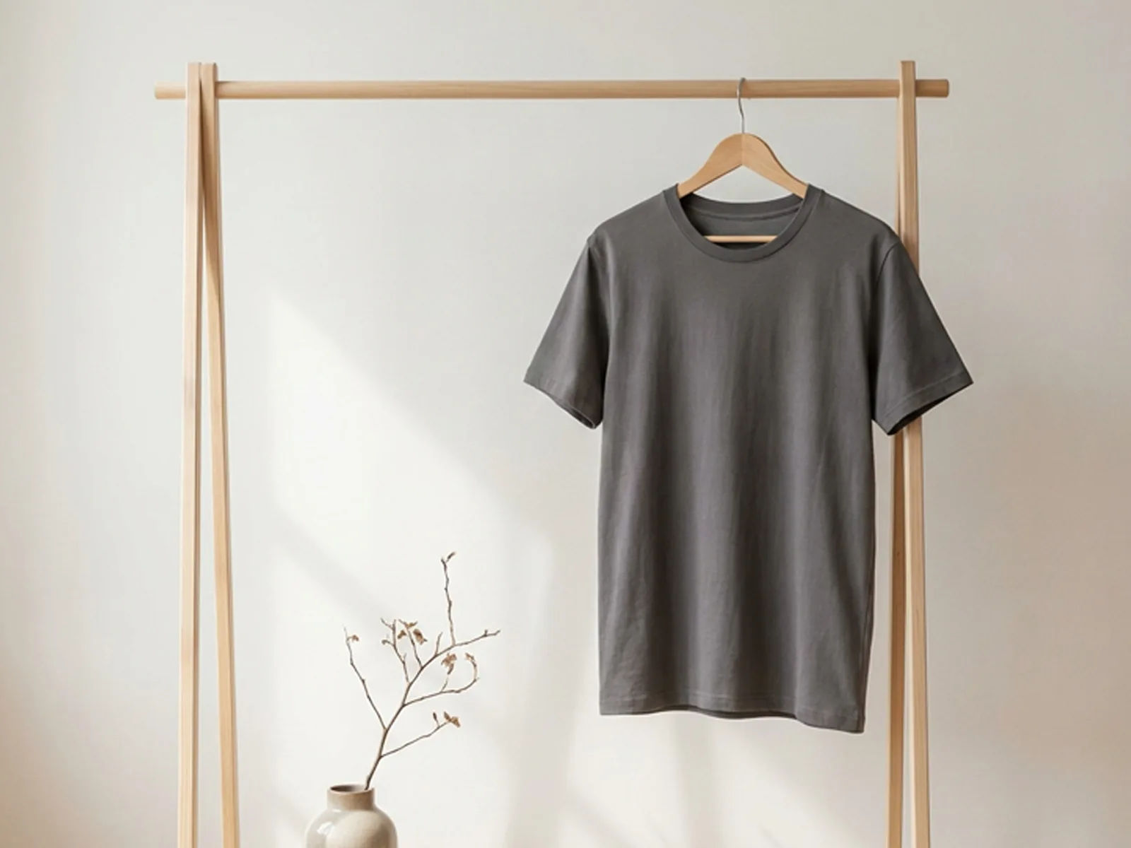 Camiseta de BlunBlun colgada en un perchero de madera junto a un jarrón de cerámica.