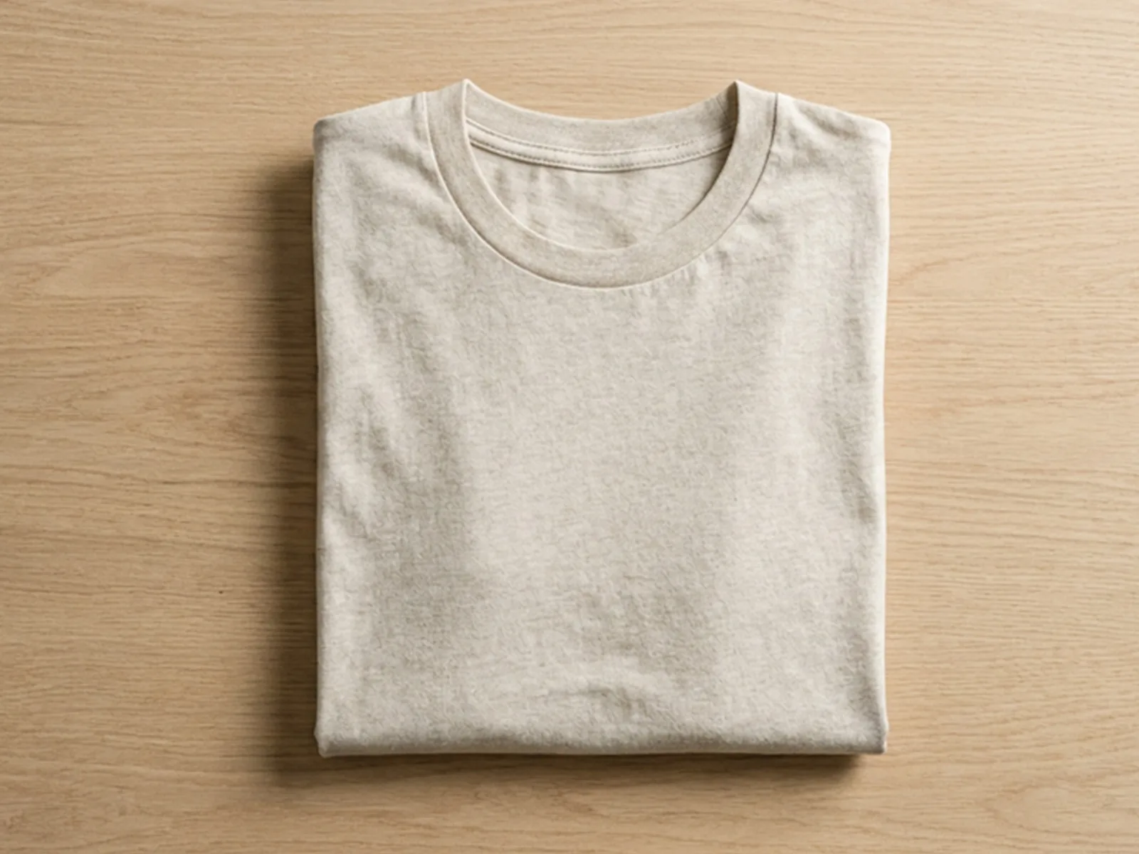 Camiseta de algodón doblada sobre una superficie de madera clara.