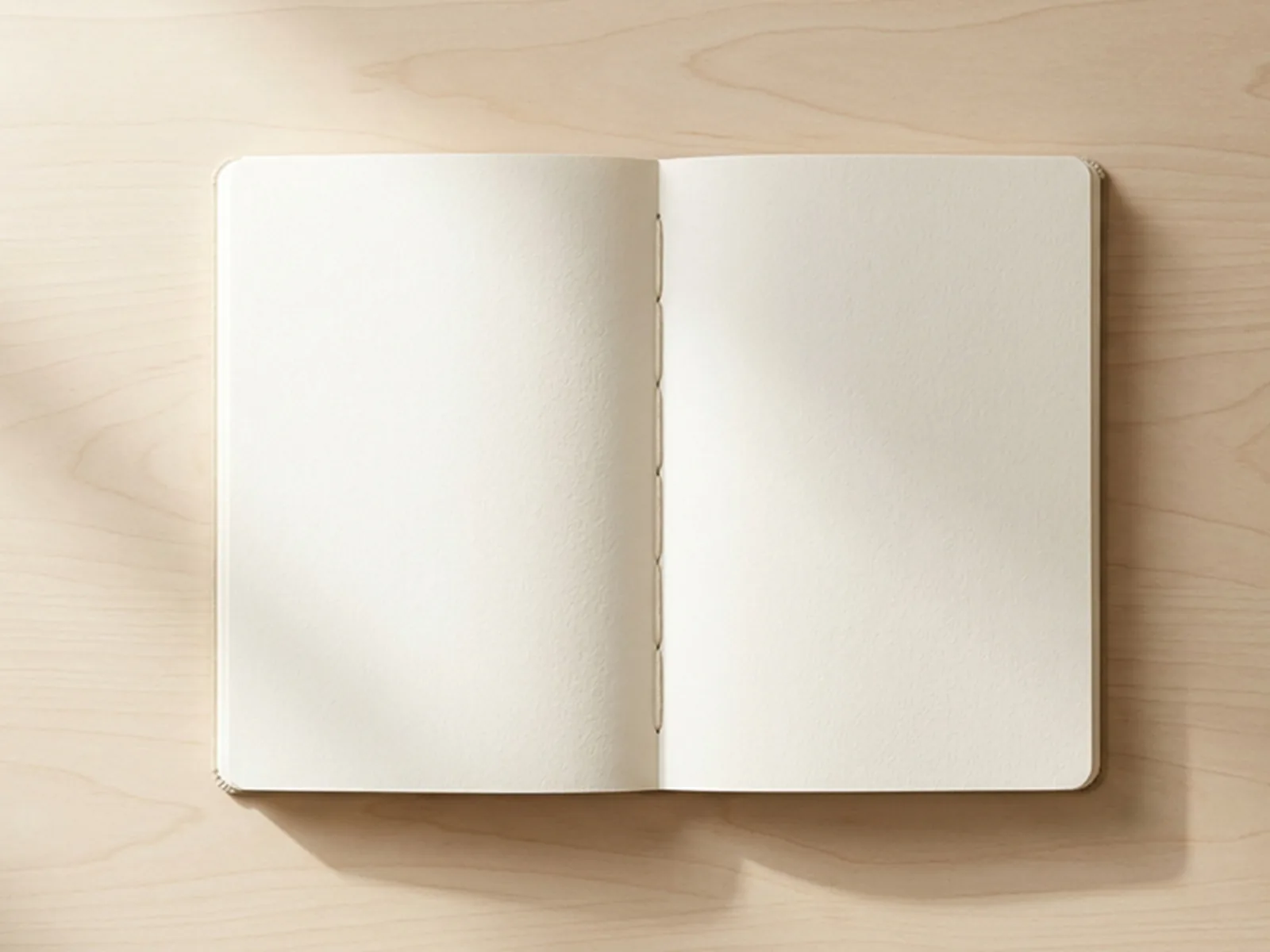 Libreta artesanal de BlunBlun abierta mostrando sus páginas en blanco, vista cenital sobre madera clara.