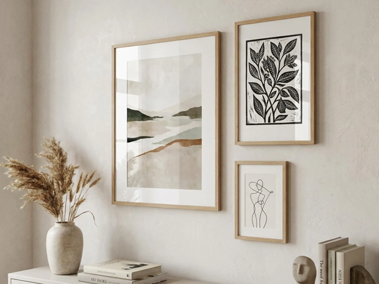 Composición de tres prints de BlunBlun de distinto tamaño agrupados en una pared clara.